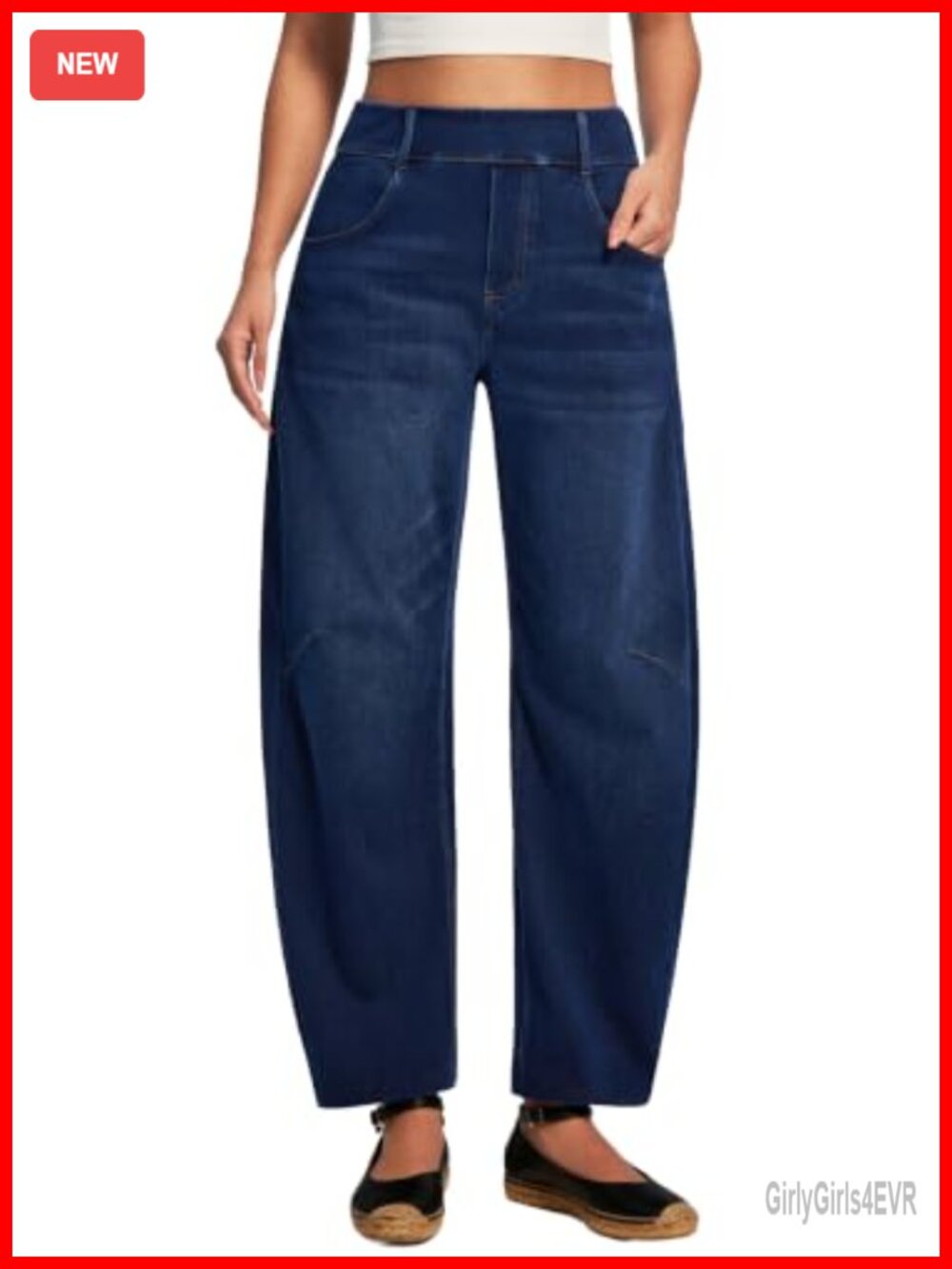 High Waisted Pull On Barrel Jeans Stretchy Tummy Control Denim Pants